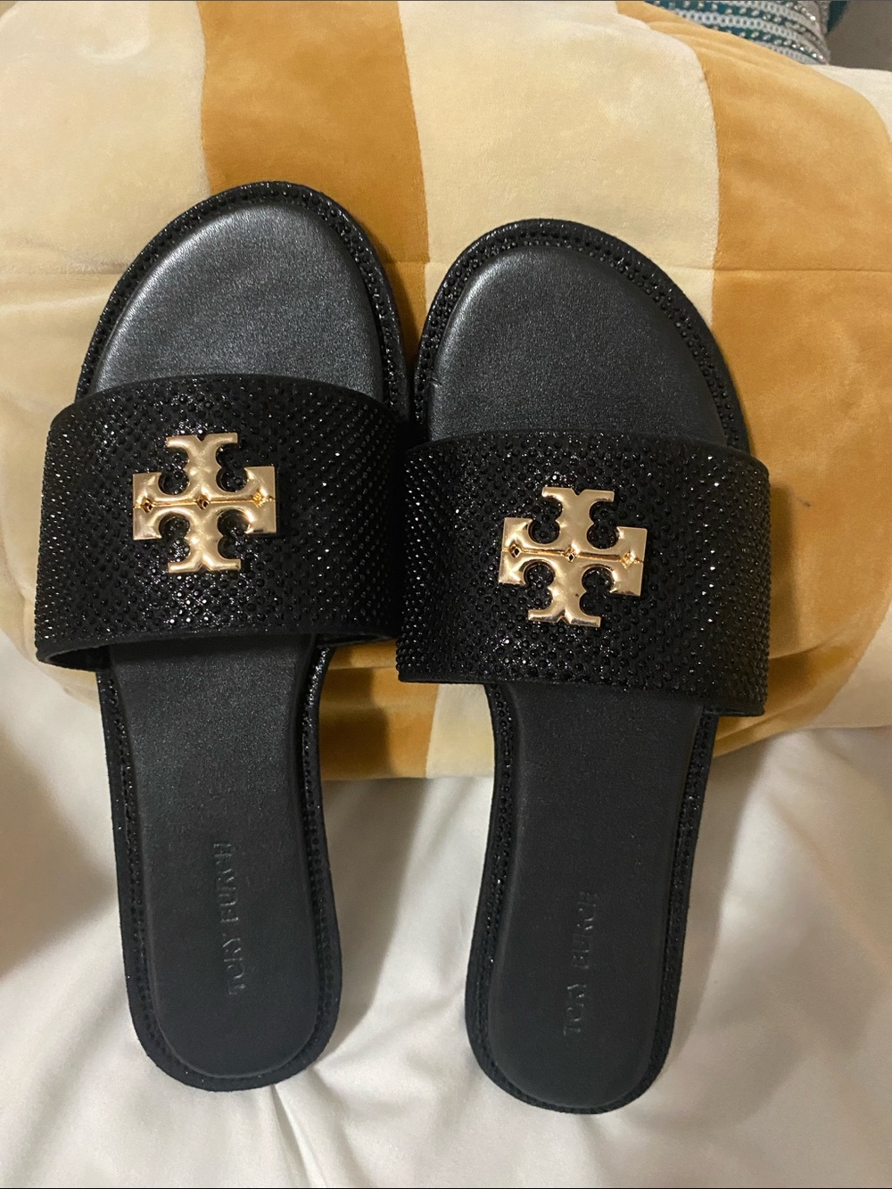 Tory Burch Black Slide Sandals with Gold Logo Accent
